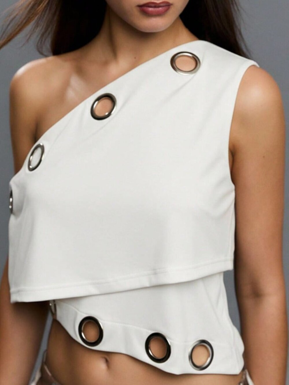 White Casual Women's One-Shoulder Asymmetrical Metal Eyelet Top - Picture 10 of 11